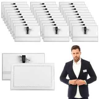 30 Stück Transparent Namensschilder für Kleidung mit Clip und Anstecknadel | 90 x 56 mm PVC Ausweishülle Mit Leere Karte, Kunststoff Namensschild Ausweishalter für Ausweis ID Karte Büro Schule