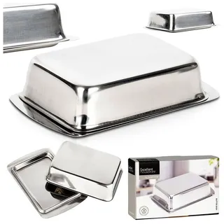 WestCraft Butterdose Metall Edelstahl Küchen Butterdose Porzellan 250 Gramm (silber), Edelstahl, (2-tlg), Alltagsbeständig, für grosses Stück Butter silberfarben|weiß