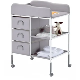 Vevor Wickeltisch tragbare Wickelstation mit 3 Stoffschubladen & feststellbaren Rädern, höhenverstellbarer multifunktionaler Baby-Wickelkombi mit Aufbewahrungs-Organizer fürs Kinderzimmer Grau
