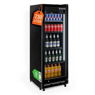 GastroHero Getränkekühlschrank Flaschenkühlschrank 230 Liter Glastür LED schwarz Gastro GKSE230, 146.2 cm hoch, 53 cm breit, Doppelt verglaste Tür, verstellbare Einlegeböden, Umluftkühlung schwarz