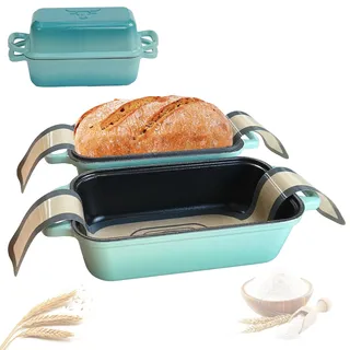 Brotbackform aus Gusseisen mit Deckel, Gusseisen Topf Brot Backen mit 2 Brotmatten Silikon, Emaille Brotbackform für Sauerteig, Robuste Brotbackformen zum Brotbacken im Ofen,Formen für Brotlaibe(BLUE)