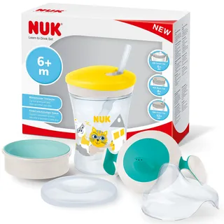 NUK 3-in-1 Trinklernset mit Trainer Cup Schnabeltasse (6+ Monate), Magic Cup Trinklernbecher (8+ M) & Action Cup Trinkflasche Kinder (12+ M) | 230 ml | BPA-frei | gelbe Katze