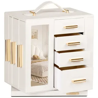 Seelux Schmuckkästchen 360° drehbar, Schmuck Organizer mit transparentem Fenster, Spiegel, 15 Schubladen, großes aufbewahrungsetui für Mädchen und Frauen (Weiß)