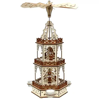 Dekohelden24 Holz Teelichtpyramide in Natur/braun mit 3 Etagen, für 3 Teelichte, L/B/H: 19 x 16,5 x 42 cm, Motiv: Bergleute.