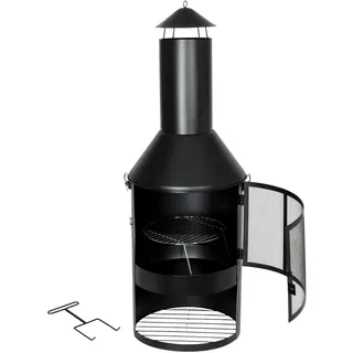 Gartenkamin 134 cm Feuerstelle Terrassenkamin Grill Holzkohle Feuerkorb | BURI Holzlager pulverbeschichtet mit Grillrost und Gabel für Terrassenofen, Gartenfeuer und praktische Outdoor-Nutzung