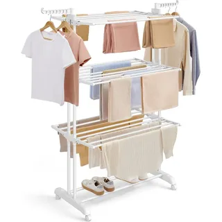 Songmics Wäscheständer, Standtrockner 4 Ebenen, mit Rollen, 63,5 x 128 x 173 cm, Wolkenweiß - Weiß