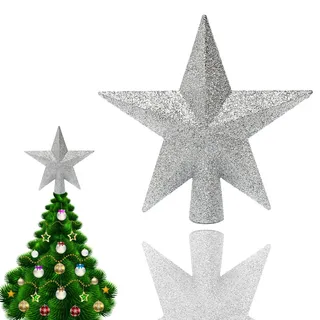 Stern Silber Christbaumspitze Glitzer – Weihnachtsbaumspitze Stern Silber 20cm | Bruchfester & Elegante Deko | Leichter 3D Kunststoff Topper, Wiederverwendbar