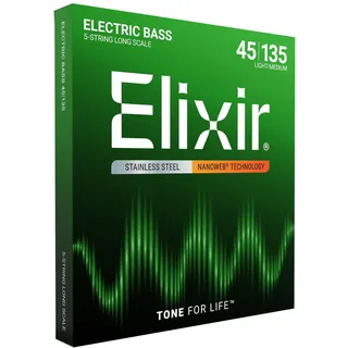 Elixir® Saiten Stainless-Steel 5-str. E-Basssaiten mit NANOWEB® Beschichtung, Long Scale, Light/Medium (.045-.135)