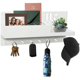 MaxAwe Schlüssel Aufbewahrung Schlüsselhalter, Weiß Schlüsselbrett mit 8 Haken und Ablage, Wand Schlüsselhaken, Wandregal für Schlüsselanhänger Organizer, für Eingang Wohnzimmer Flur Küche Büro