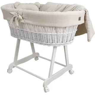 Stubenwagen Moseskorb AMELIA Weiß aus Weide mit Musselin Bettwäsche Beige