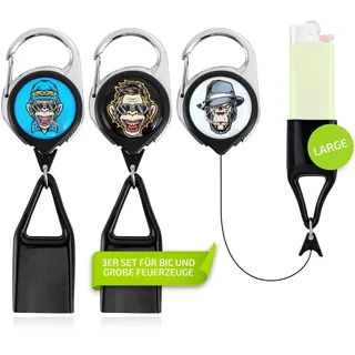 Funky Monkey Feuerzeug Schlüsselanhänger 3er Set Lighter Leash kompatibel mit nahezu jedem - Feuerzeug Halter Clips mit ausziehbarer Schnur in Größe L (Large)