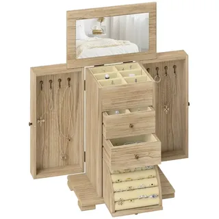 BlingBin Schmuckkasten Schmuckaufbewahrung, Holz Schmuckbox Organizers mit Spiegel (1er Set, 1 St., 26,5cm x 16cm x 33,5cm), 4-lagige Schmuck-Organizer-Box für Ringe, Ohrringe, Halsketten braun