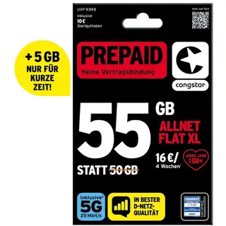 Congstar Prepaid ALLNET XL 55 GB Datenvolumen & Flatrate für Telefonie und SMS 5G-Speed, EU-Roaming