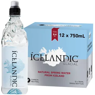 Icelandic Glacial Premium Natürliches Wasser Flaschen aus recyceltem PET 12 x 750ml pro Pack – Alkalisch/Niedriger pH-Wert, BPA-frei, Klimaneutral aus der isländischen Quelle. Geringer TDS-Gehalt.