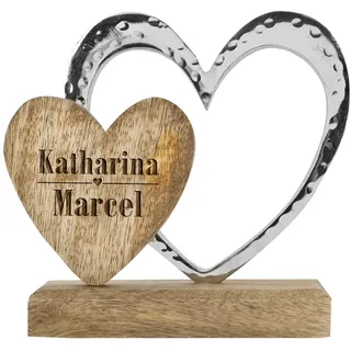 Herz & Heim® Herz Skulptur mit Gravur zur Hochzeit aus Holz/Metall (2 Namen mit Herz, 16 cm x 16 cm x 5 cm (B/H/T))