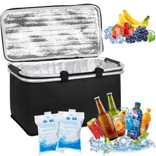 30L Faltbare Kühltasche mit 2 Eisakkus – Isolierte Thermotasche für Picknick, Camping, Einkaufen, Büro, Outdoor & Reisen – Wasserdicht, schmutzabweisend, verstärkter Boden – Schwarz