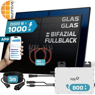 sunniva Balkonkraftwerk Bifazial 1000W inkl. FOX ESS 800W Wechselrichter, 2x 500W Glas-Glas Solarmodule, 1,6 kWh Kabel