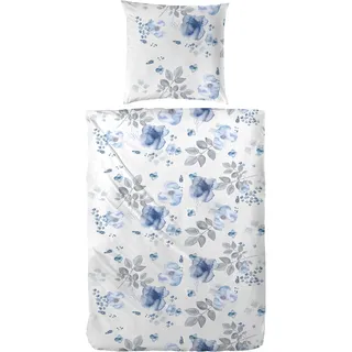 Primera Biber Bettwäsche Blumen blau 135 x 200 cm + 80 x 80 cm