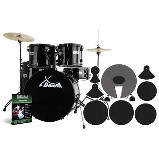 XDrum Rookie Schlagzeug Set Drumset Schwarz (20" BD, 10", 12", 14" TT, 14" SD, Übungsbecken bestehend aus einem Satz Hi-Hat-Becken 14" und 1 Crash-Ride-Becken 16", inkl. Schule & Schlagzeugdämpferset)