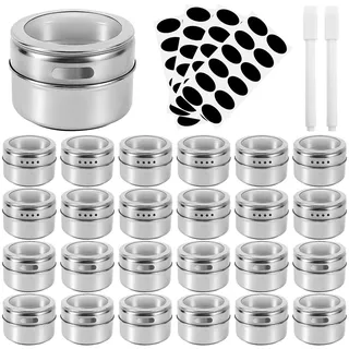 ASMIZ 24 Stück Edelstahl Magnetische Gewürzdosen mit Deckeln, Magnet Gewürz Aufbewahrung Dosen Set mit 48 Gewürz Etiketten und 2 Marker Stiften für Küche, Kühlschrank, Grill