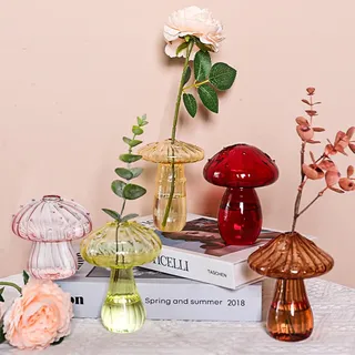 Oenothera 5 Stücke Deko Vase Bunt 5er Set, Pilzförmige Glasvase, Mini Vasen Set, Pilz Vasen Glas Propagation Station für Tischdeko