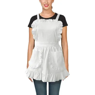DAZZLUXE 1 Stück Rüschen-Spitzenschürze, Dienstmädchen-Rüschen-Vintage-Schürze, Doppeltaschenschürze, Französische Dienstmädchenschürze, Kellnerschürze, Damen-Rüschenschürze (Weiß) - 63 x 56 cm