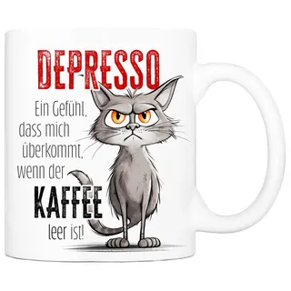 Cadouri Tasse mit Spruch Depresso Kaffeetasse Büro Arbeit, Geschenk, Keramik, Kaffeebecher, Geschenkidee Arbeitskollege, lustig, Humor, 330 ml