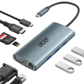 acer USB C Hub Docking Station, 9IN1 USB C zu 4K HDMI, 3xUSB 3.0 5Gbps, 1Gbps Ethernet, 100W PD, VGA, SD Katenleser, Aluminium Multiport Adapter für iPhone 15/16 Serie,MacBook/iPad Pro/Air,S24,Surface