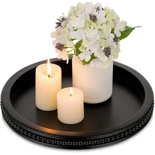 Hanobe Holztablett Deko Tablett Rund: Schwarz Dekotablett Serviertablett Holz mit Perlen Rand Modern Tabletts Boho Serviertabletts Rundes Kerzen Holztabletts für Küche Tisch