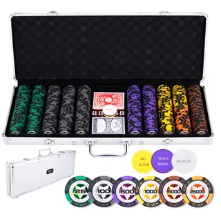 Engelhart - 320921 – Poker-Set – Koffer aus versilbertem Metall – 500 Chips 14 g Erhöhung (25 bis 25000) + 2 Kartenspiele, 3 Croupier-Knöpfe, 5 Würfel