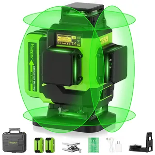 Huepar 4 x 360 Kreuzlinienlaser, Laser Nivelliergerät 16 Linien Grün | 2×5200mAh Akkus für bis zu 60 Std, kreuzlaser für Fliesen und Decke, Hartschalenkoffer, USB-C-Ladeanschluss LS04CG