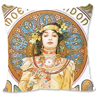 BONNIU Dekorativer Kissenbezug mit Reißverschluss 40X40 cm Samt Kissenschutzbezug Vintage Mädchen Porträt Kunst - Mucha - Moet & Chandon 'Dry Imperial 1899 AL071