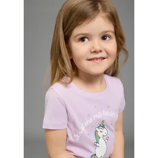 Kidsworld T-Shirt KIDSWORLD "Mit Einhorn-Druck und Glitzereffekten", Mädchen, Gr. 116/122, flieder, Jersey, Obermaterial: 100% Baumwolle, bedruckt, Basic hüftlang, Rundhals, abgesteppte Kante, Shirts T-Shirt, mit stylischem Einhorn-Print