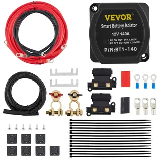 Vevor Doppelbatterie Trennrelais 12 V Split Charge Kit, 140 A spannungsempfindliches Relais Set -30 bis 105 °C, automatisches Ladegerät & Kabel Set für Lastwagen, Wohnmobil, Werkstatt, Auto & Schiff