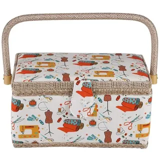 Dekorativer Nähkorb mit Stoffbezug, Herausnehmbares Kunststoff-Organizer Tablett, Großer Aufbewahrungskorb für Nähzubehör, Reise und Heimgebrauch