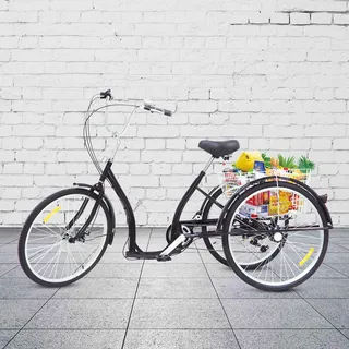 Chynalys 26 Zoll Dreirad für Erwachsene mit Korb, hohe Kohlenstoffstahl 6-Gang-Dreirad, einstellbare Cruise Bike, Radfahren Fahrrad für Frauen Männer, einstellbare Höhe & Sitz (Schwarz)