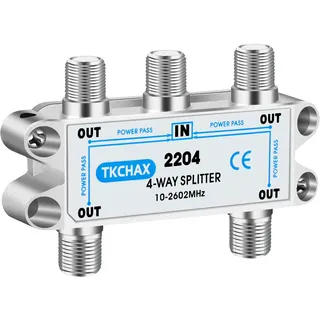 TKCHAX 4-Wege-Koaxialkabel-Splitter, unterstützt 10–2602 MHz, RG6-kompatibel, vernickelt für Kabel-Splitter, funktioniert mit CATV, Satelliten-TV, Antennensystem und MoCA-Konfigurationen