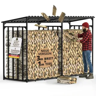 Lawa Kaminholzregal Metall 300 x 105 x 185 cm Außen mit Dach Schwarz