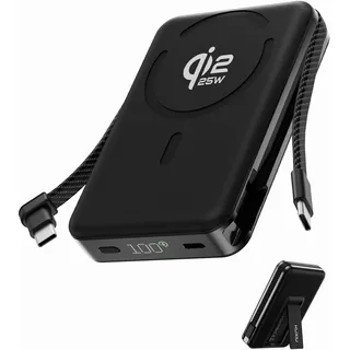 KU XIU 25W Qi2.2-Zertifiziert Festkörper Powerbank für MagSafe, 10.000mAh Magnetisches Kabellose Power Bank mit Ständer und 35W PD USB-C Kabel Integriert, Wireless Powerbank für iPhone 17 Serie
