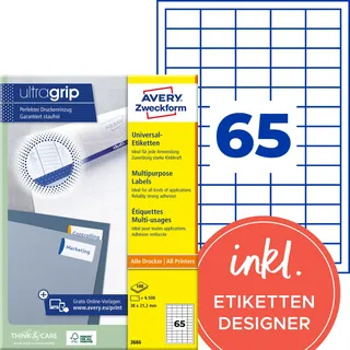 Avery Zweckform Universaletiketten 3666 Weiß 38,0 x 21,2 mm 100 Blatt 6500 St.