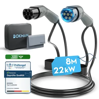 bokman Typ 2 Ladekabel, 22 kW / 32A / 3-Phasig / 8 Meter/Modus 3, Typ 2 auf Typ 2 EV Ladekabel für Elektroauto mit Tragetasche und Mikrofasertuch
