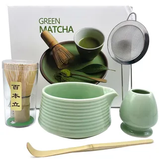 Matcha Set, Matcha Tea Set 5 teiliges Matcha Besen Set für Einsteiger, Matcha Schale mit Ausgießer, Matcha Whisk, Matcha Besen, Chasen, Löffel, Matcha Zubehör Geschenkset für Matcha-Liebhaber, Grün