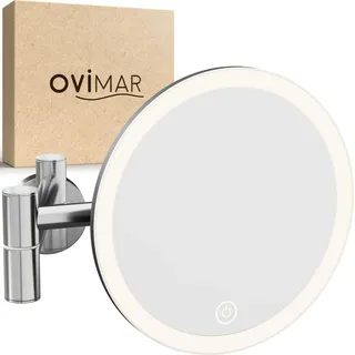 ovimar Kosmetikspiegel Vorupor | mit Beleuchtung | wiederaufladbar | Wandmontage zum Bohren | im Badezimmer |5fach Vergrößerungsspiegel | Schmink... | Silber