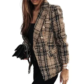 FULUJIDI Sakkos Anzüge Damen Blazer Plaid Print Revers Langarm Dicke Zweireihige Strickjacke Formal Business Mantel 3XL Darkkhaki