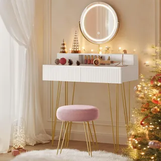 VASAGLE Schminktisch mit Hocker und Beleuchtung, Steckdosenleiste, Spiegel, Frisiertisch, 40 x 80 x 134,8 cm, Kosmetiktisch mit Schubladen, gepolsterter Sitzhocker, mattweiß-blassgold RVT019W01