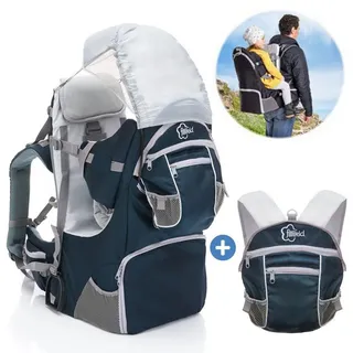 Fillikid Babytrage Blau, Rückentrage für Baby & Kleinkind mit Sonnenschutz, Kraxe zum Wandern grau