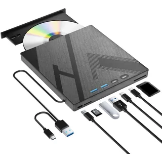 7 in 1 Externes DVD-Laufwerk, Externes CD/DVD-Laufwerk für Laptop mit SD/TF-Anschluss, CD-Brenner DVD-Player DVD-Brenner USB 3.0/Typ C, CD Rom Externes Laufwerk CD-Laufwerk für PC Laptop Windows Linux