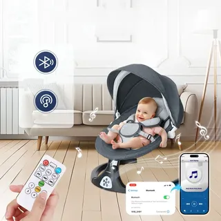 Caveen Babywippe bis 9kg, mit Fernbedienung & Bluetooth Verbinden Smartphone Stromanschluss, mit 5-Punkt Sicherheitsgurt, Insektennetz (Schwarz) - Weiß
