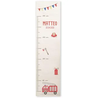 Personalisierte Messlatte für Kinder mit buntem Wunschdruck - 70-140 cm - Größenmesser Kinderzimmer aus Holz - Wand Dekoration Messleiste Kind - Personalisiertes Geschenk Baby (Feuerwehr)