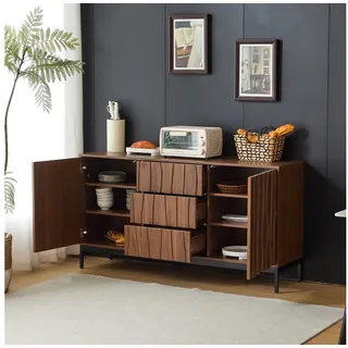 MODFU Sideboard Mid Century Modern Dekorativer Schrank (Kommode, Anrichte, Wohnzimmerschrank, Aufbewahrungsschrank, 1 St., 3 Schubladen, 2 Türen), einteilige Aussparung, 2 verstellbare Regalebenen braun